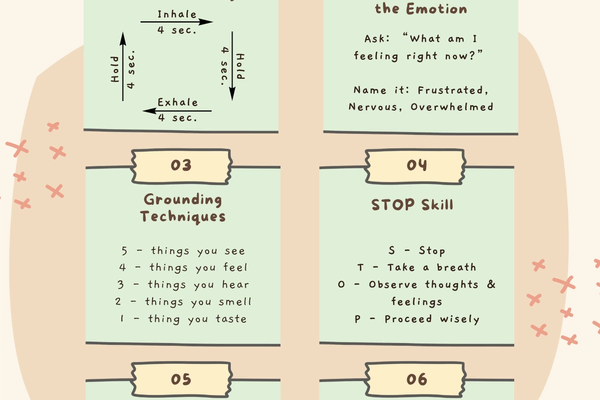 Poster listing six coping strategies and graphic pictures of teens in each corner.